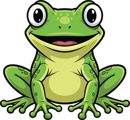 Cute cartoon green frog smiling with big eyes