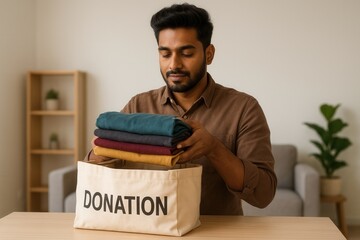 An Indian man carefully places folded clothes into a donation bag at home. Charity, recycling, and sustainable living concept. Decluttering and giving away used apparel