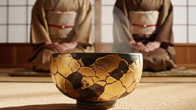 Traditional Japanese tea ceremony with two women in kimonos and a golden kintsugi repair bowl