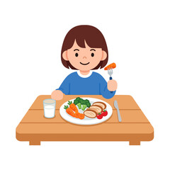 Vector illustration of a young girl sitting at a wooden table, happily eating a balanced meal of vegetables (carrots, broccoli, tomatoes) and protein (sliced chicken or turkey) from a plate