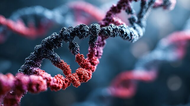 Stunning DNA molecule visualization with vibrant red and blue hues for science, medicine, or technology concepts, powerful medical research imagery