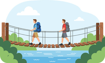 Hikers crossing wooden rope bridge over river