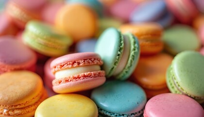 Obraz premium Colorful macarons piled up close. French sweet desserts show vibrant pastel hues. Delicious bakery treats with creamy filling. Small round cookies look appetizing, ready to eat. Bright sugar biscuits