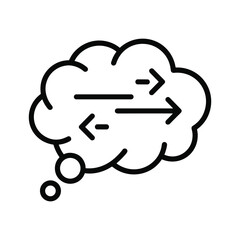 Black and white line art icon of a thought bubble with bidirectional arrows representing exchange or transfer