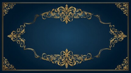 Elegant golden floral frame on deep blue background for invitations and luxurious announcements, stunning vintage style, perfect for wedding designs