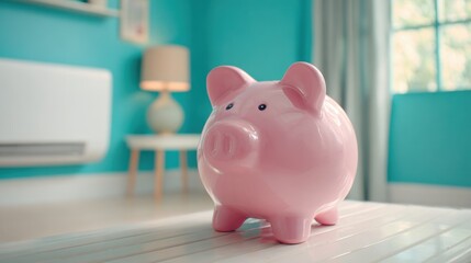 A cute pink piggy bank is placed on a white table in a vibrant room filled with light.