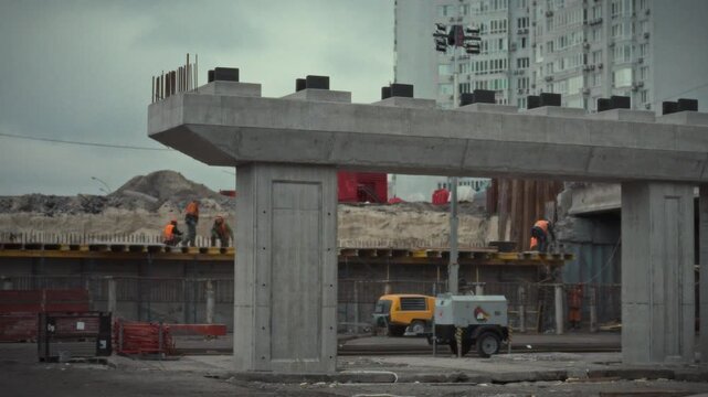 Crew members are working on a construction site to install concrete segments of a bridge. This activity is taking place in an urban area as part of infrastructure development