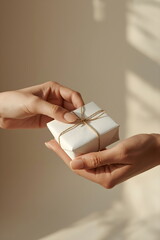 Hands giving small white gift box wrapped with twine in sunlight