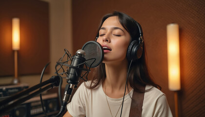Young woman sings into pro studio microphone. Wears headphones, closes eyes, focused on music creation. Female artist records voice for new song in modern audio tech sound room. Acoustic panels on