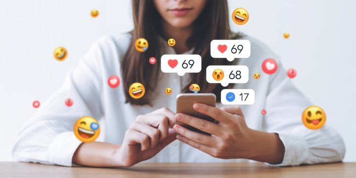 Connected world interaction: A person is absorbed in the digital realm, surrounded by the symbolic representation of social connection, love, and joy.