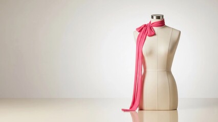 Elegant cream-colored dress form with a vibrant pink scarf draped and tied around the neck. Minimalist studio background