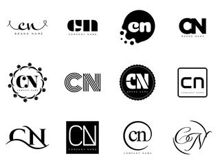 CN logo company template. Letter c and n logotype. Set different classic serif lettering and modern bold text with design elements. Initial font typography.