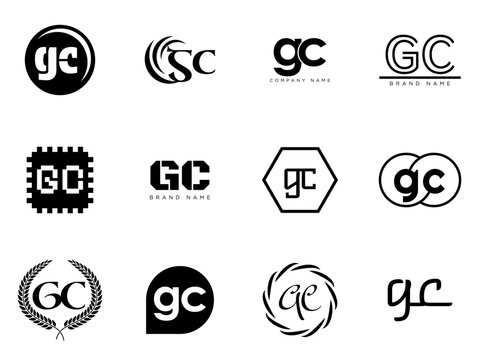 GC logo company template. Letter g and c logotype. Set different classic serif lettering and modern bold text with design elements. Initial font typography.