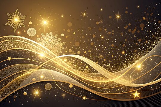 Elegant golden swirls and sparkling snowflakes on a dark background