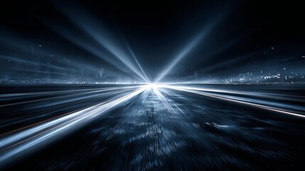 Experience the thrill of high speed with this abstract light trail through a futuristic cityscape, perfect for conveying motion, technology, and innovation