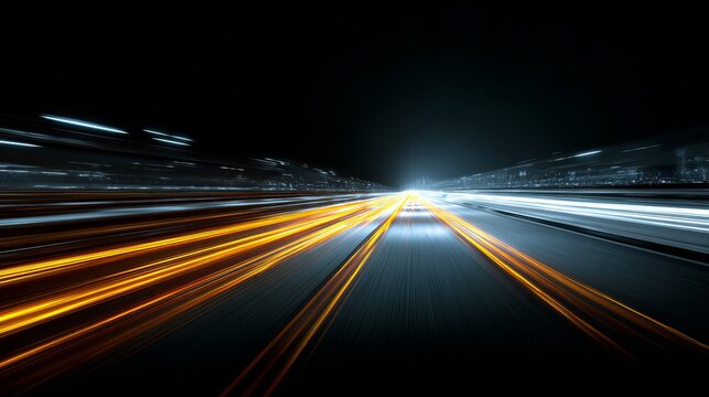 Dynamic light trails illuminate a futuristic city highway at night, conveying speed, motion, and modern innovation for transportation and technology concepts