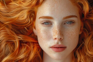 Naklejka premium Close-up portrait of a woman with vibrant red hair and captivating blue eyes, highlighting natural beauty and healthy complexion. Perfect for conveying emotion, confidence, and allure.