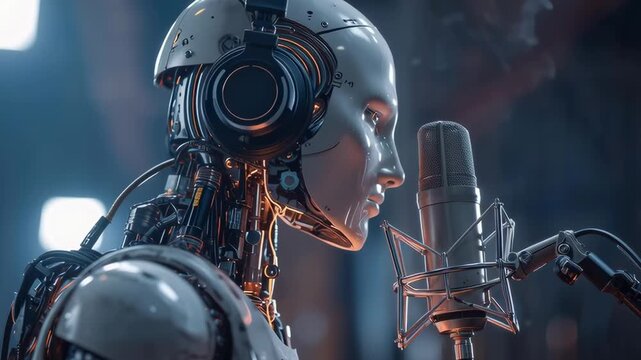 A robot with a microphone is singing. The robot is wearing headphones and has a microphone in its mouth
