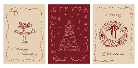Happy holidays set of doodle greeting cards in doodle style. Hand drawn vector posters with wreath, Christmas tree and cake in line art.