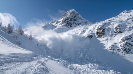 Obraz premium Snow cascades down the mountainside creating a stunning display of natures power on a bright day.