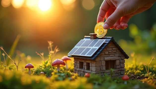 Hand puts coin on house with solar panel. Sunlight illuminates tiny eco house model. Concept of crypto investment in renewable energy and green building for future.
