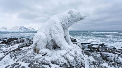 Polar bear statue covered in hoarfrost sitting on an icy rock, looking out at the cold, freezing sea with snowy mountains under a cloudy sky in a desolate winter landscape