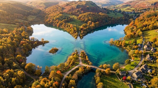 Rydal water and grasmere form a butterfly-shaped connection reflecting autumn hills and vibrant foliage, with a small village along the tranquil shore in the lake district national park - Powered by Adobe