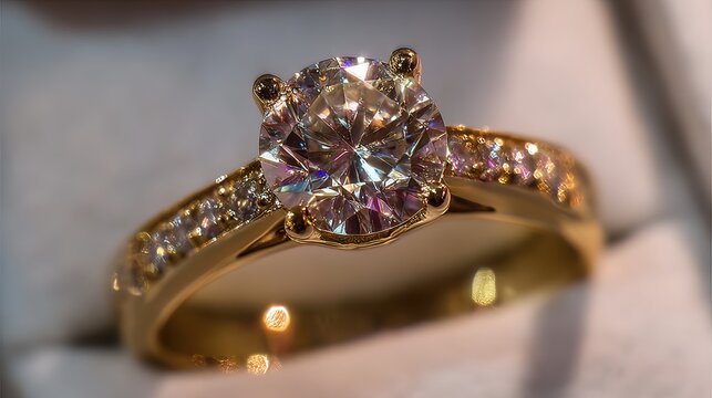 Sparkling diamond engagement ring on gold band promises eternal love and commitment, perfect for wedding announcements and romantic gestures