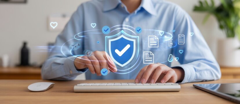 Secure Data at Your Fingertips: A person is immersed in a digitally-enhanced scene, a glowing shield icon symbolizing security floats above a keyboard and the hand of a person in a office.