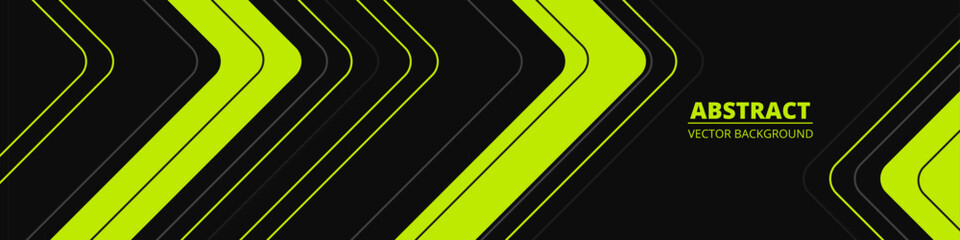 Black abstract wide horizontal banner with light green and gray lines, arrows and angles. Dark modern sporty bright futuristic horizontal abstract background. Wide vector illustration.