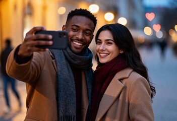 romantic winter couple taking selfie on city street at night