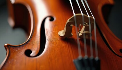 Close up photo of cello string instrument. Brown polished wood with intricate F-holes, bridge visible. Represents classical music, orchestra performance, art, fine craftsmanship. Musical device makes