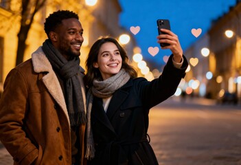 interracial couple in coats taking valentine selfie in festive downtown street