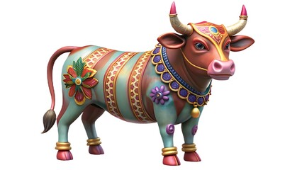 Ornate decorated bull with colorful patterns and jewelry