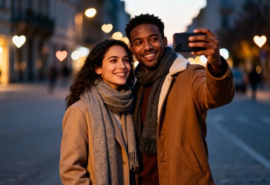 loving couple posing for smartphone selfie on romantic winter night walk