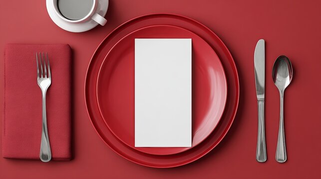 Elegant festive dinner setting with red plates, cutlery, and blank menu card ready for your holiday message or seasonal greetings design template