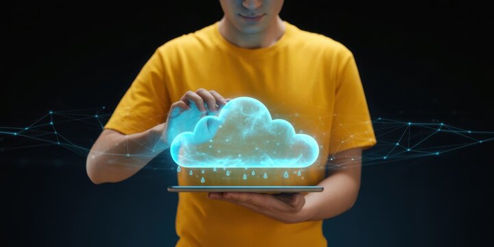 Cloud Computing with Touch: A man holds a tablet with cloud computing icon, his finger almost touching, symbolizing access to infinite possibilities 