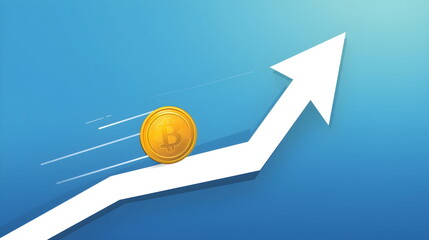 Gold Bitcoin rolling up on white growth arrow financial concept