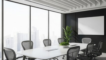 A bright, modern conference room featuring a large table, ergonomic chairs, plants, and panoramic windows overlooking a cityscape, with a blank whiteboard on the wall.