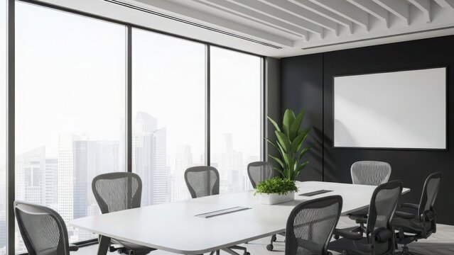 A bright, modern conference room featuring a large table, ergonomic chairs, plants, and panoramic windows overlooking a cityscape, with a blank whiteboard on the wall.