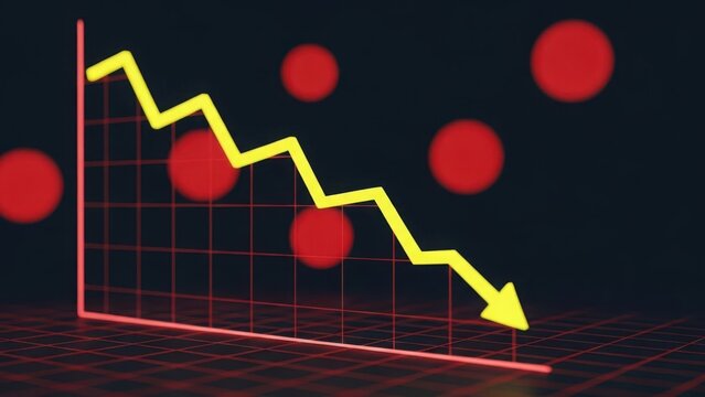 A yellow arrow sharply descends on a red grid, symbolizing economic decline, market crash, or business failure, with blurred red circles in the background. - Powered by Adobe