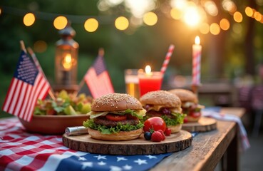 Patriotic backyard picnic with burgers and salad. American flags fly near festive table with drinks and string lights. Summer feast in garden setting creates holiday mood.