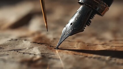 Elegant fountain pen delicately writing on antique paper, capturing a moment of inspiration and skillful artistry in stunning detail, a visual story unfolds