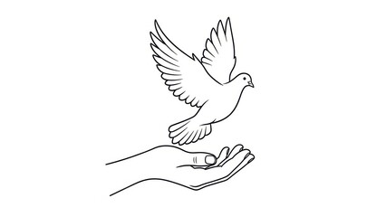 Fototapeta premium Delicate line art illustration of an open hand gently releasing a flying dove on white background symbolizing peace, freedom, hope, blessing, forgiveness, spirituality, compassion and letting go 