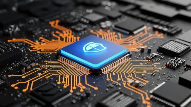 A detailed, illuminated blue processor chip featuring a prominent glowing shield emblem, nestled on a complex printed circuit board with intricate orange connections and various electronic components.