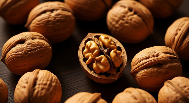 Close up of whole and cracked walnuts on a dark wooden surface showcasing texture and detail - Powered by Adobe