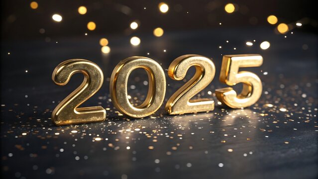 Golden 2025 numbers with festive bokeh lights and glitter - Powered by Adobe