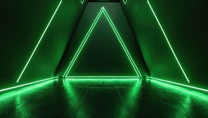 Fototapeta premium Dark futuristic interior with green neon lights. Empty room has geometric triangle shape for product presentation. Abstract cyber tunnel corridor with floor reflection, modern sci fi background.