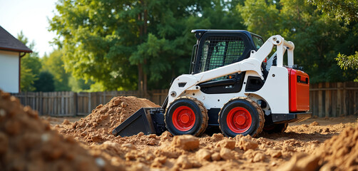 White, red skid steer loader on sunny construction site, moving earth piles. Compact heavy equipment works on land improvement, preparing ground. Small machine clears area for new building