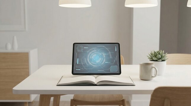 Modern tablet displaying futuristic interface on a minimalist dining table with an open book, coffee mug, and potted plant, creating a serene workspace atmosphere